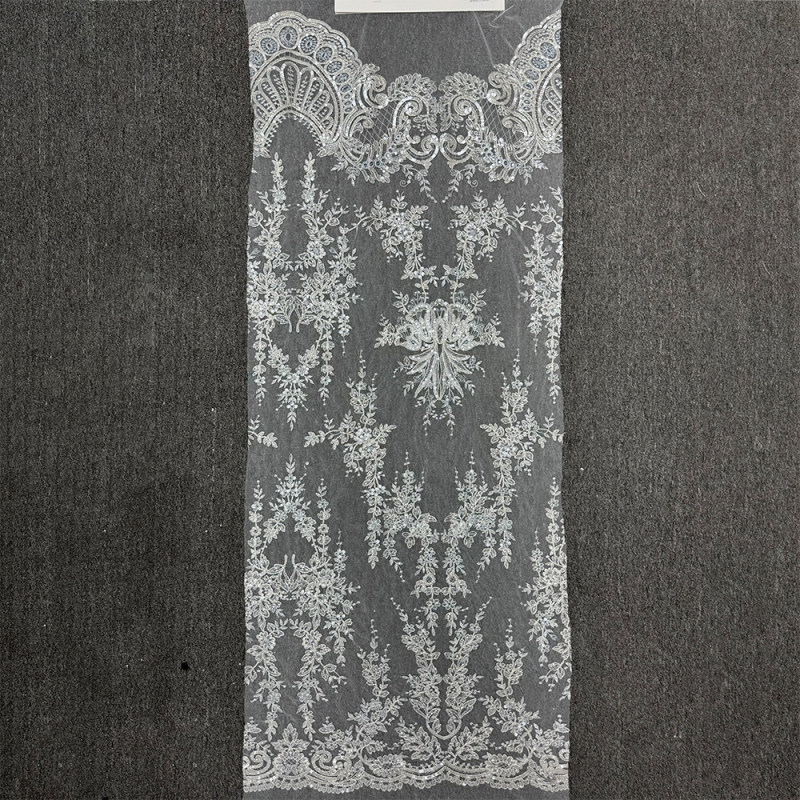 GCW-QCU100330 | Metallic Silver Floral Embroidered Tulle Lace | Symmetrical Sequin Bridal Mesh